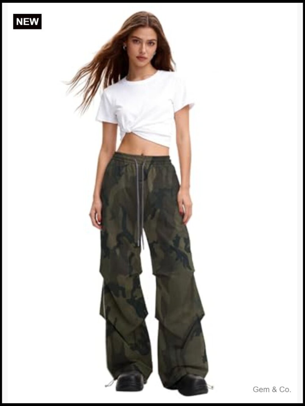 Y2K Baggy Parachute Cargo Pants Wide Leg Track Pants with Drawstring Waist - Picture 2 of 7